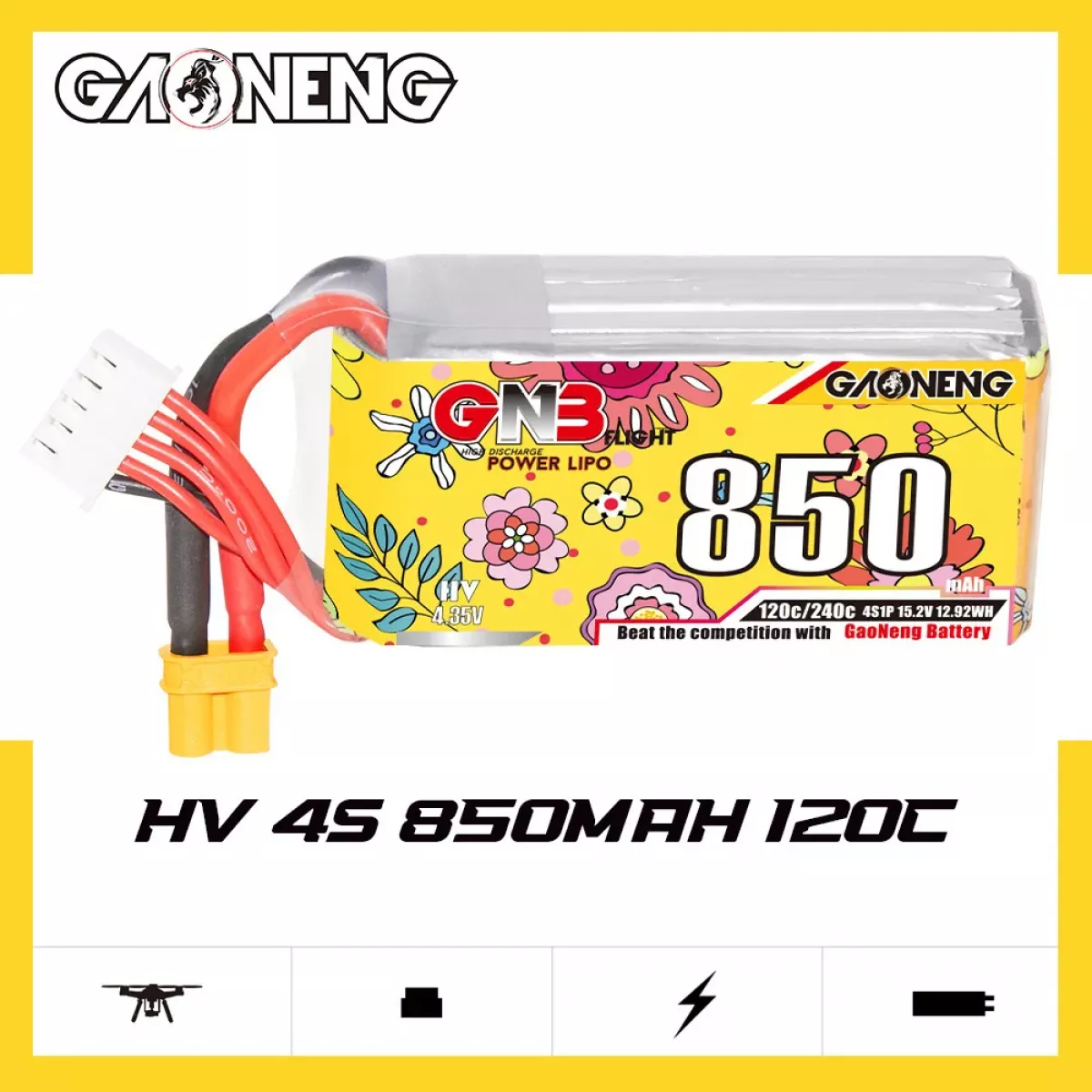 Аккумулятор GNB 4S HV 15.2V 850mAh 120C/240C для дрона с разъёмом XT30 Аккумулятор GNB 4S HV 15.2V 850mAh 120C/240C для дрона с разъёмом XT30