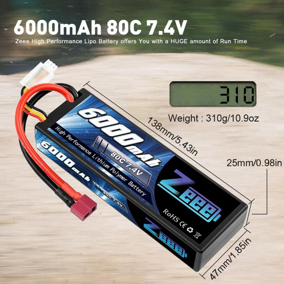 Аккумулятор Zeee 2S 6000mAh 80C 7.4V с разъемом Deans, жесткий кейс для RC моделей и FPV дронов Аккумулятор Zeee 2S 6000mAh 80C 7.4V с разъемом Deans, жесткий кейс для RC моделей и FPV дронов