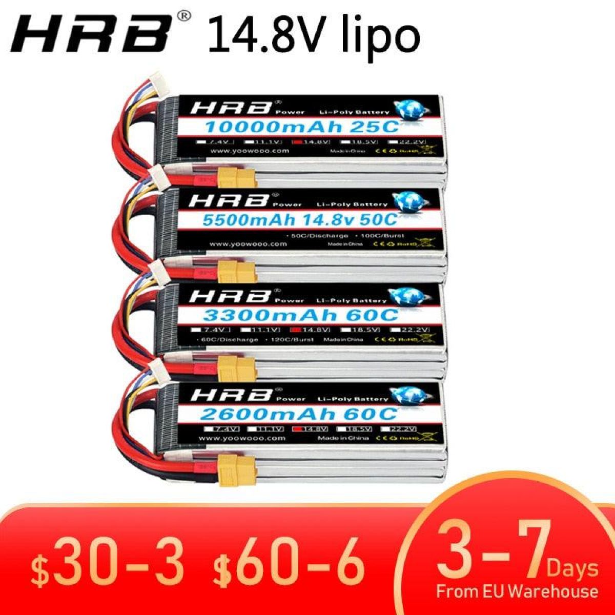 Аккумулятор HRB LiPo 4S 14.8V XT60 1500-22000mAh для FPV дрона, самолёта, авто, игрушек Аккумулятор HRB LiPo 4S 14.8V XT60 1500-22000mAh для FPV дрона, самолёта, авто, игрушек