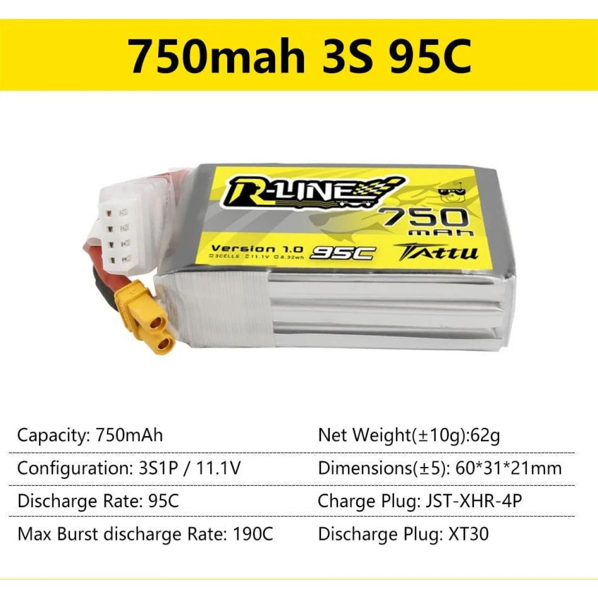 Аккумулятор LiPo Gens Ace Tattu R-Line 95C 3S/4S/6S 550-1800mAh для FPV гонок и RC моделей Аккумулятор LiPo Gens Ace Tattu R-Line 95C 3S/4S/6S 550-1800mAh для FPV гонок и RC моделей
