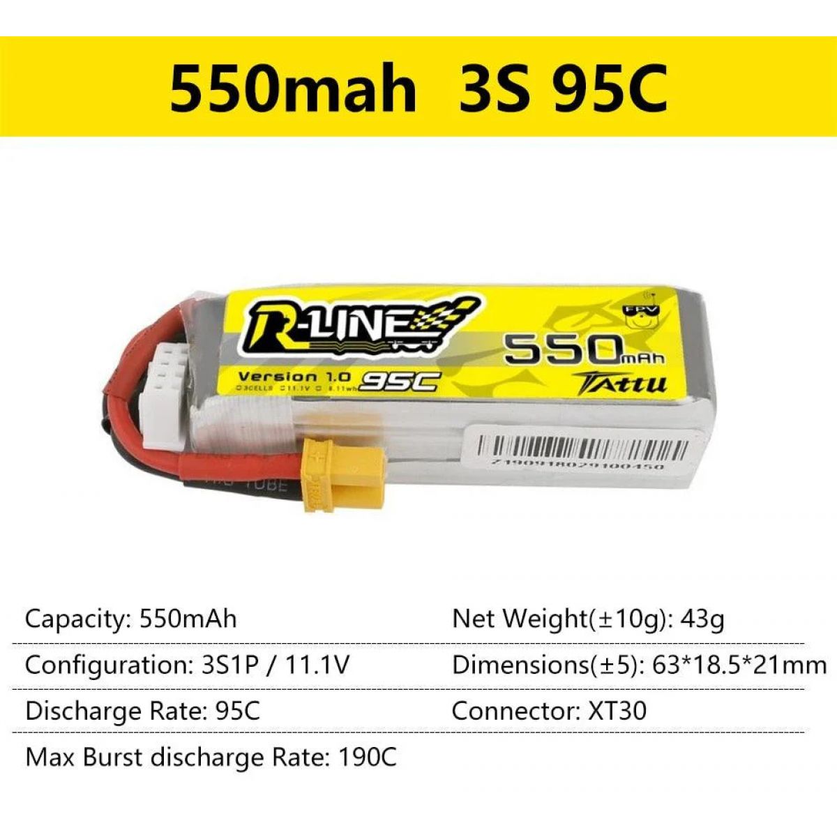 Аккумулятор LiPo Gens Ace Tattu R-Line 95C 3S/4S/6S 550-1800mAh для FPV гонок и RC моделей Аккумулятор LiPo Gens Ace Tattu R-Line 95C 3S/4S/6S 550-1800mAh для FPV гонок и RC моделей