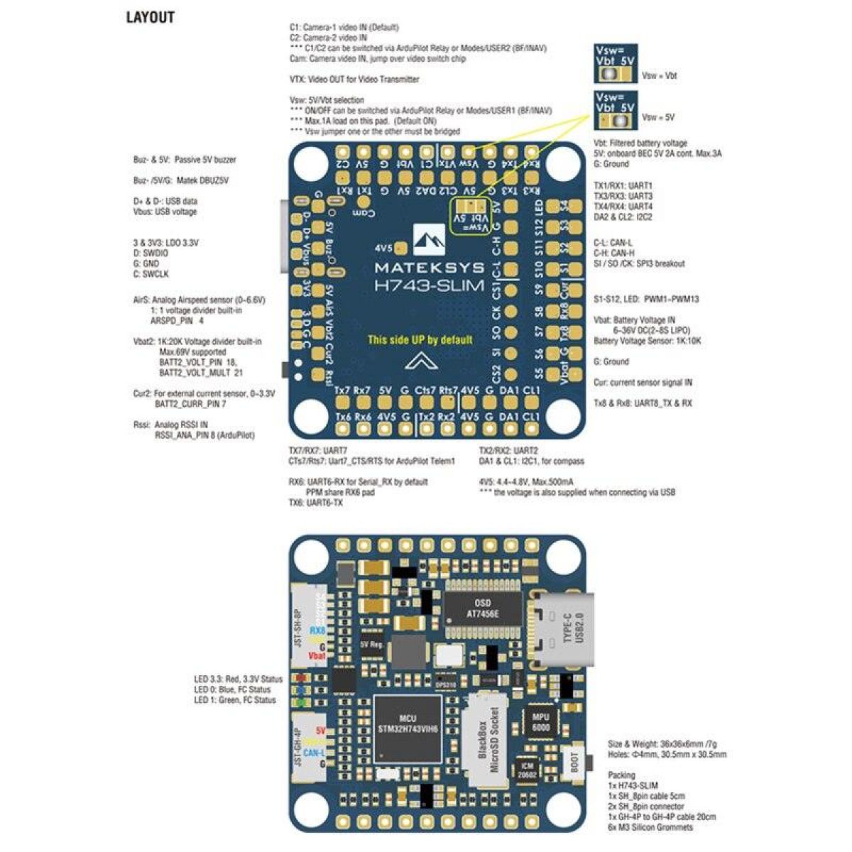 Контроллер полёта Matek H743-SLIM с OSD, 5V BEC, MPU6000, без датчика тока для FPV дрона Контроллер полёта Matek H743-SLIM с OSD, 5V BEC, MPU6000, без датчика тока для FPV дрона