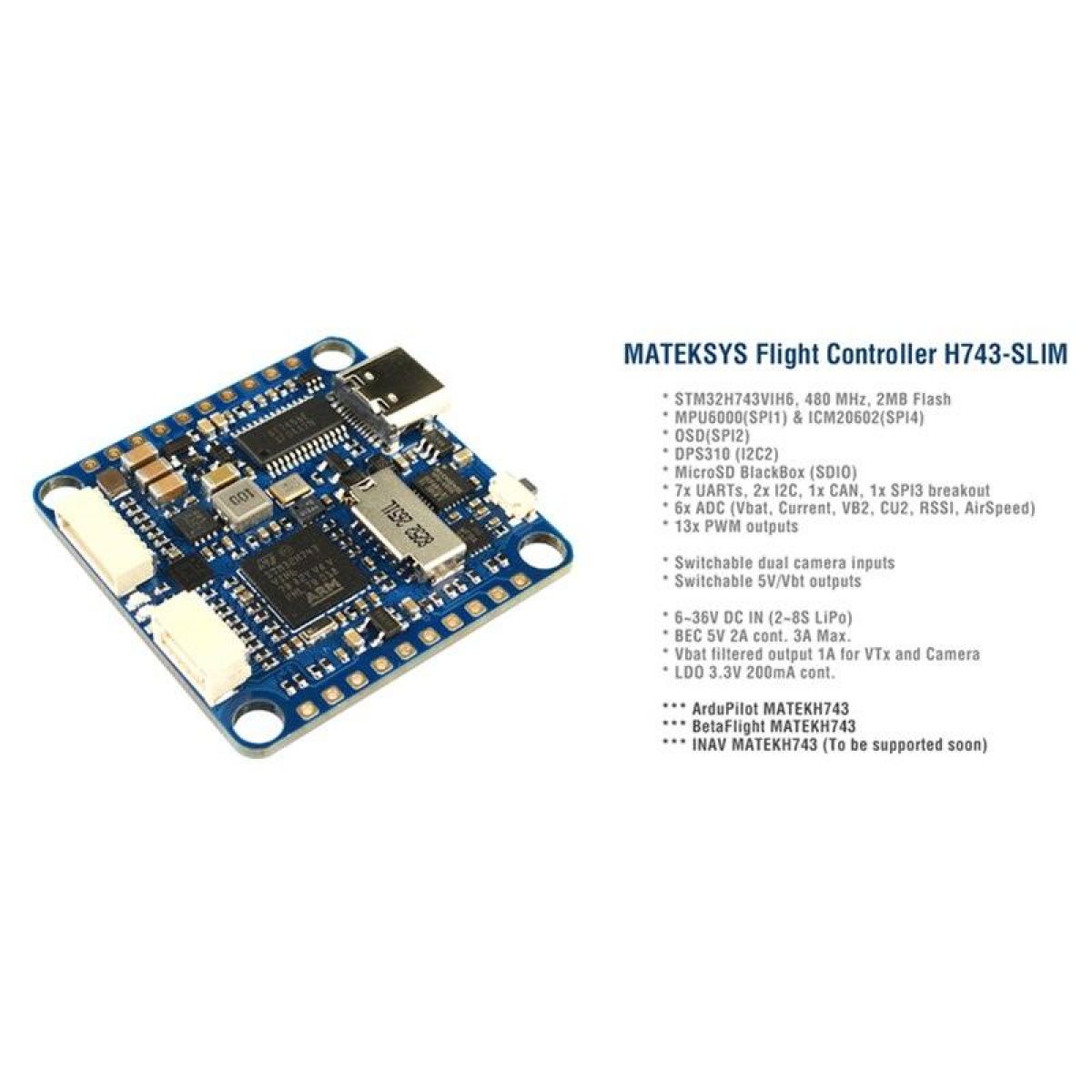 Контроллер полёта Matek H743-SLIM с OSD, 5V BEC, MPU6000, без датчика тока для FPV дрона Контроллер полёта Matek H743-SLIM с OSD, 5V BEC, MPU6000, без датчика тока для FPV дрона