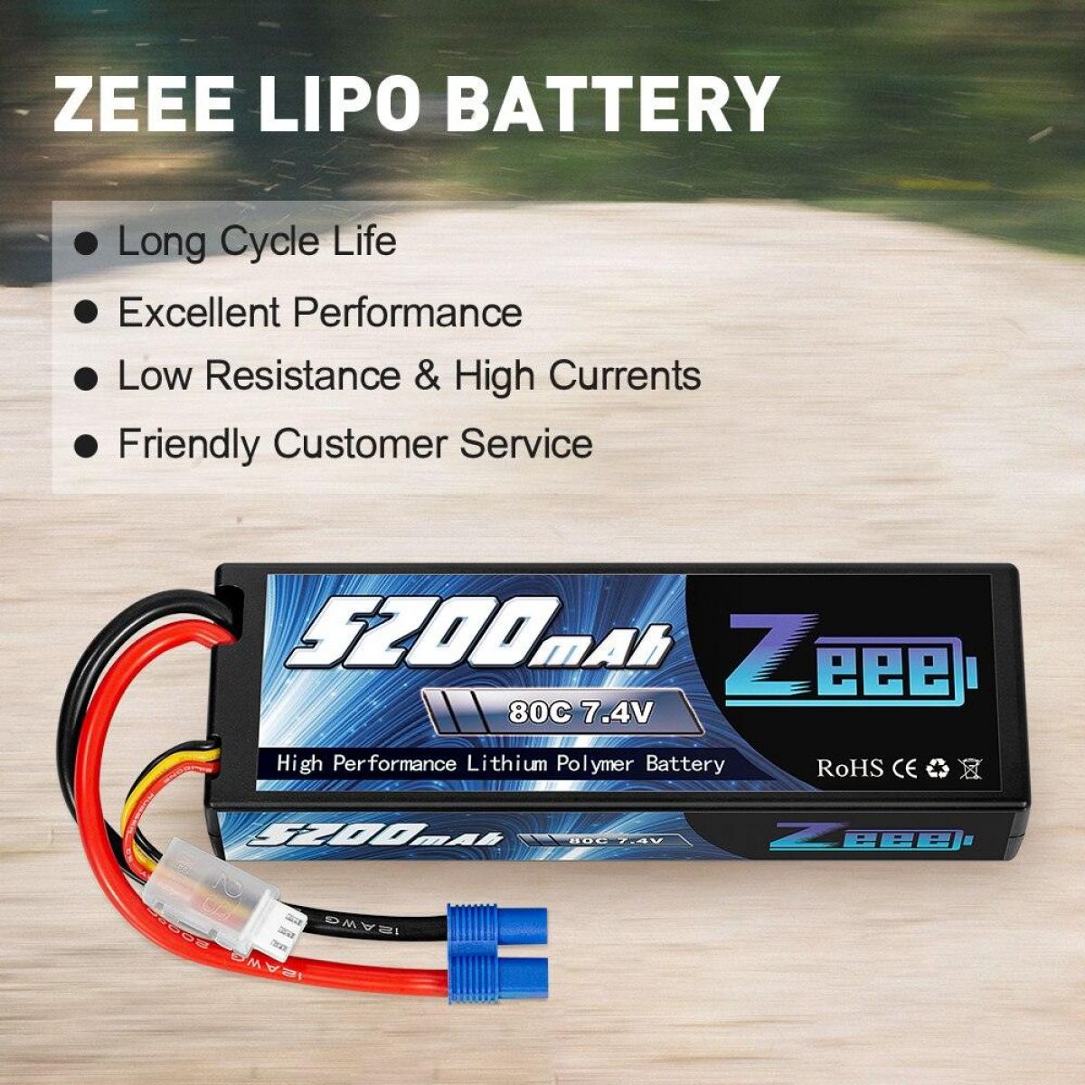2 шт. Zeee 7.4V 5200mAh 80C 2S LiPo аккумулятор Hard Case с EC3 для RC авто, вертолёта, дрона, FPV 2 шт. Zeee 7.4V 5200mAh 80C 2S LiPo аккумулятор Hard Case с EC3 для RC авто, вертолёта, дрона, FPV