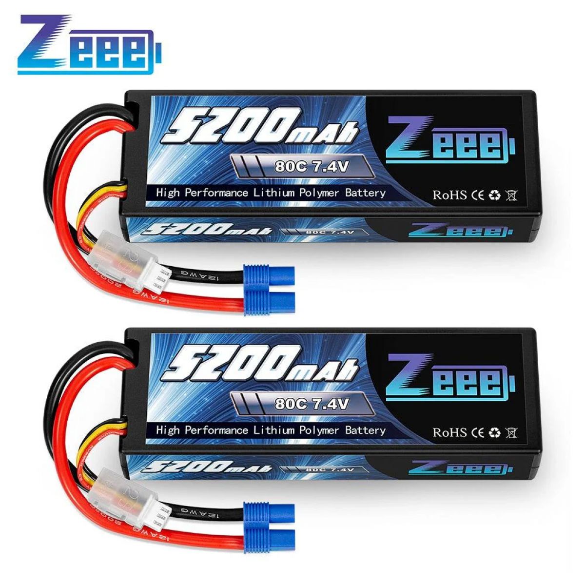 2 шт. Zeee 7.4V 5200mAh 80C 2S LiPo аккумулятор Hard Case с EC3 для RC авто, вертолёта, дрона, FPV 2 шт. Zeee 7.4V 5200mAh 80C 2S LiPo аккумулятор Hard Case с EC3 для RC авто, вертолёта, дрона, FPV