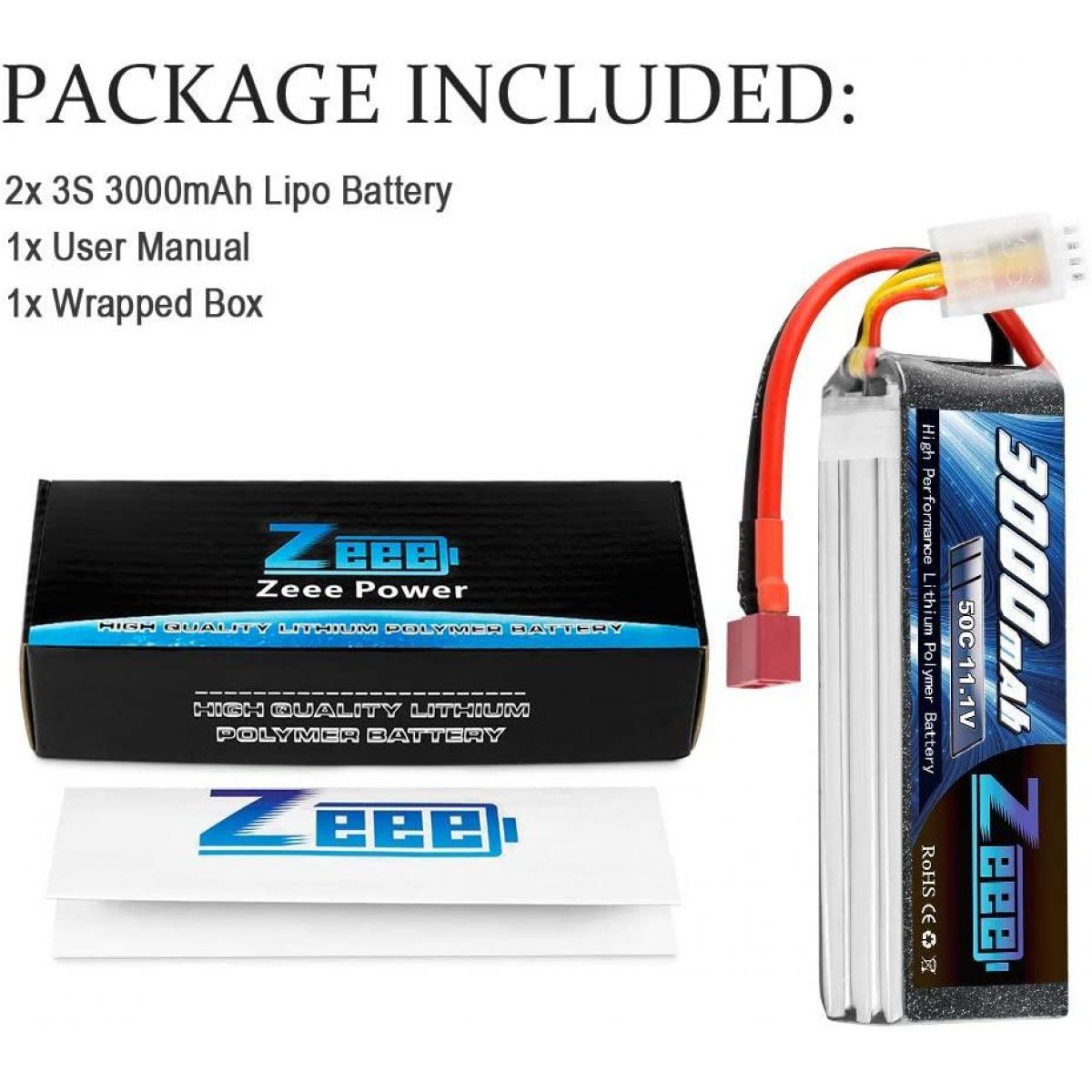 2шт Zeee 11.1V 50C 3000mAh 3S Lipo аккумулятор Deans для RC вертолёт, самолёт, авто, FPV дрон 2шт Zeee 11.1V 50C 3000mAh 3S Lipo аккумулятор Deans для RC вертолёт, самолёт, авто, FPV дрон