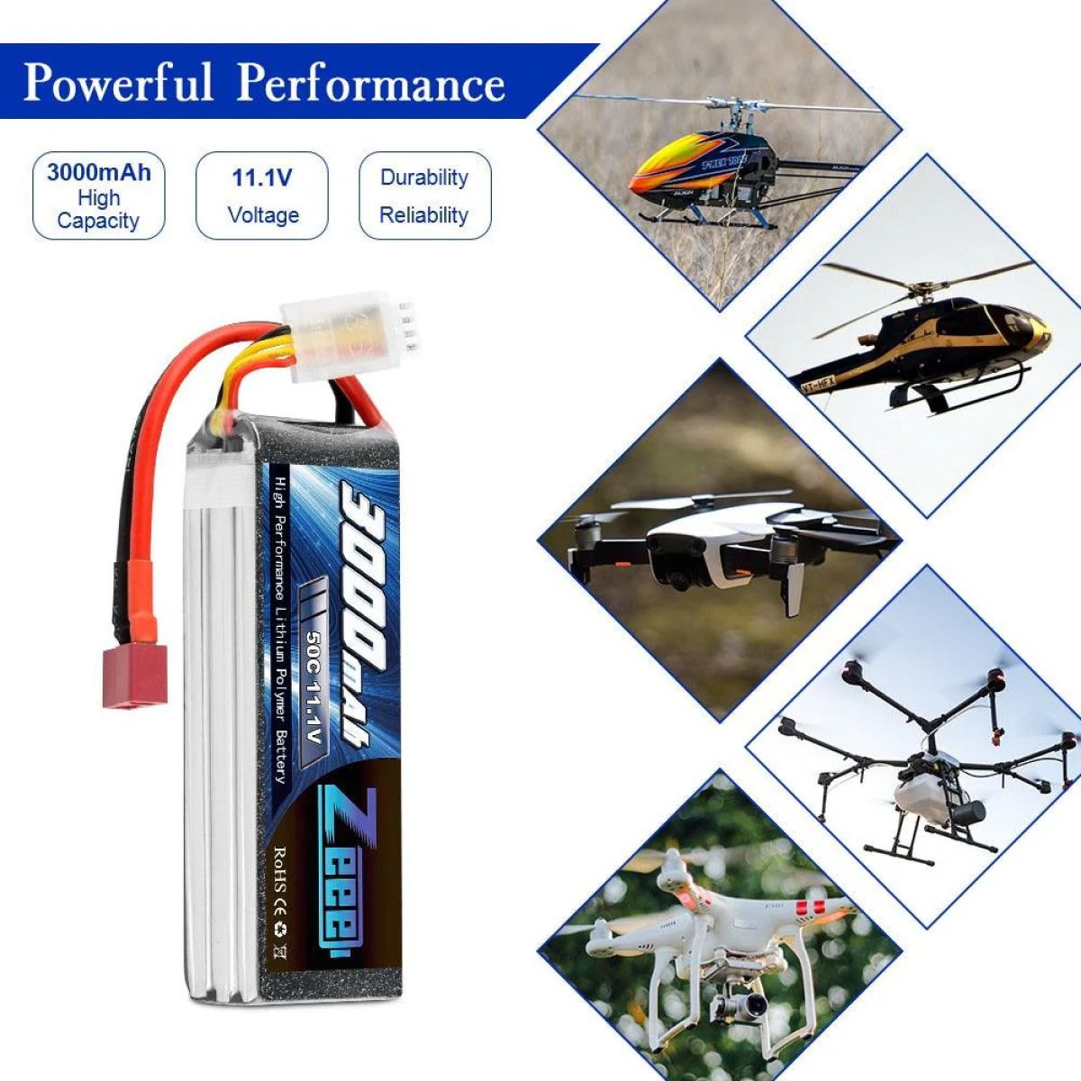 2шт Zeee 11.1V 50C 3000mAh 3S Lipo аккумулятор Deans для RC вертолёт, самолёт, авто, FPV дрон 2шт Zeee 11.1V 50C 3000mAh 3S Lipo аккумулятор Deans для RC вертолёт, самолёт, авто, FPV дрон