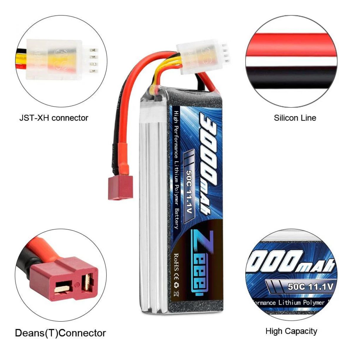 2шт Zeee 11.1V 50C 3000mAh 3S Lipo аккумулятор Deans для RC вертолёт, самолёт, авто, FPV дрон 2шт Zeee 11.1V 50C 3000mAh 3S Lipo аккумулятор Deans для RC вертолёт, самолёт, авто, FPV дрон