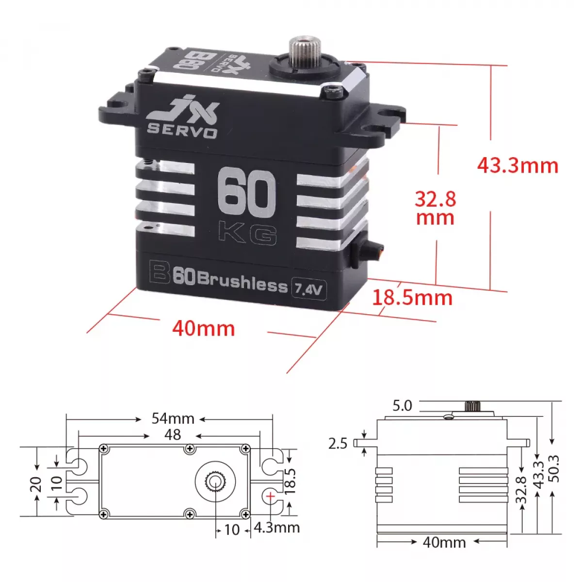 JX Servo B60 — Бесколлекторный серво 8.4В, 60кг, 0.11с/60°, металл, для RC авто и моделей JX Servo B60 — Бесколлекторный серво 8.4В, 60кг, 0.11с/60°, металл, для RC авто и моделей