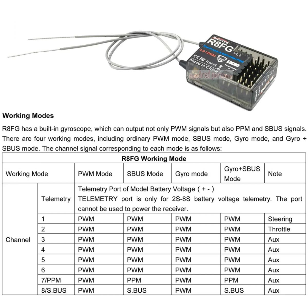Приемник RadioLink R8FG 2.4ГГц 8CH с двойной антенной и гироскопом для RC6GS/RC8X/RC передатчика Приемник RadioLink R8FG 2.4ГГц 8CH с двойной антенной и гироскопом для RC6GS/RC8X/RC передатчика