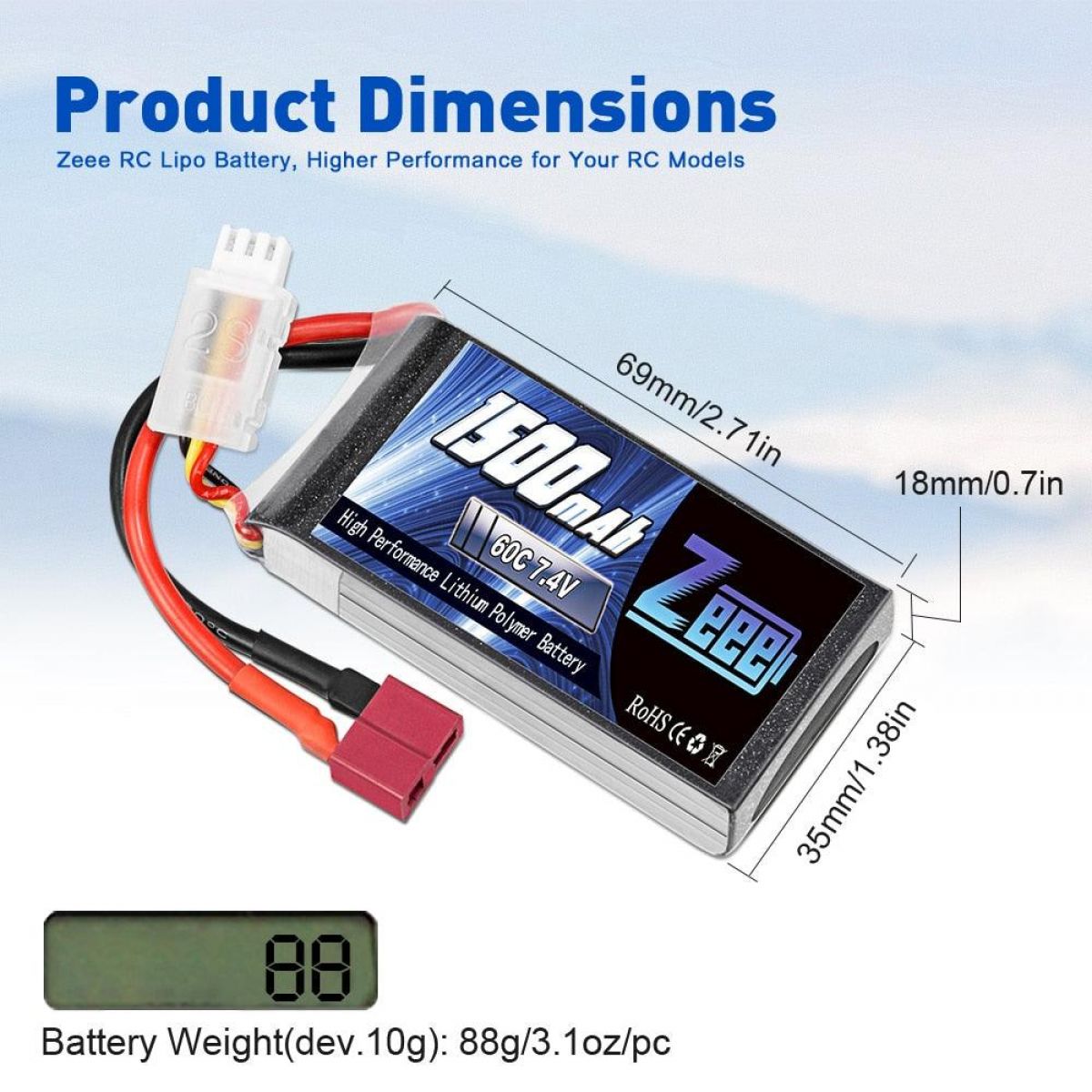 2 шт. Zeee LiPo 2S 7.4В 60C 1500мАч с разъемом Deans для FPV, дрона, лодки, авто, RC хобби 2 шт. Zeee LiPo 2S 7.4В 60C 1500мАч с разъемом Deans для FPV, дрона, лодки, авто, RC хобби