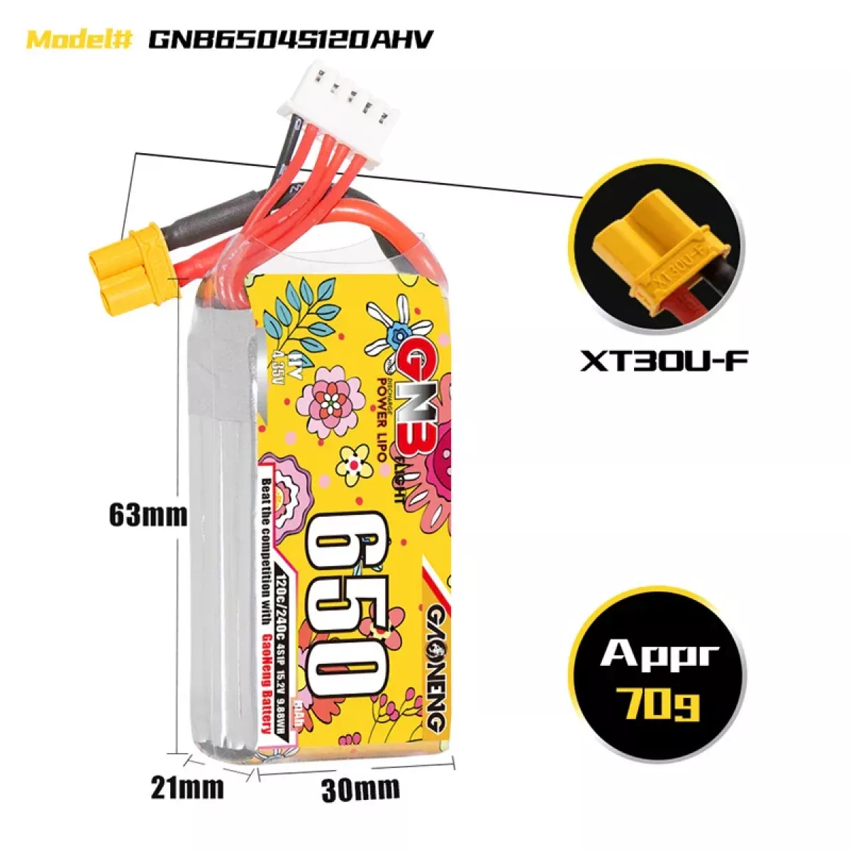 Аккумулятор GNB 4S HV 15.2В 650мАч 120C/240C LiPo для дронов с разъёмом XT30 Аккумулятор GNB 4S HV 15.2В 650мАч 120C/240C LiPo для дронов с разъёмом XT30
