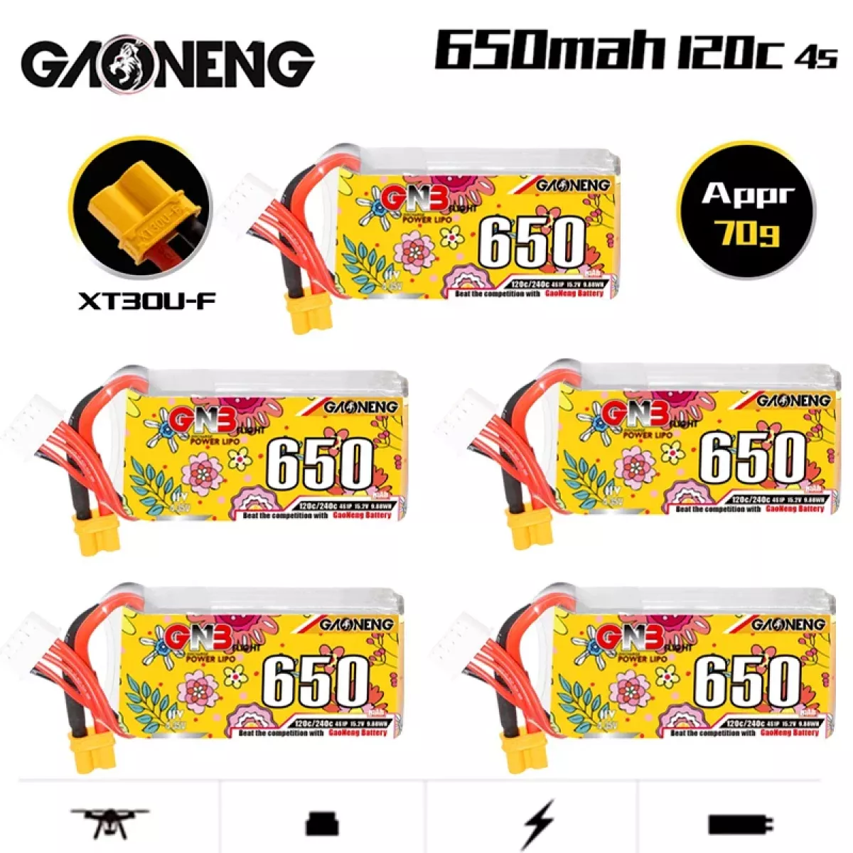 Аккумулятор GNB 4S HV 15.2В 650мАч 120C/240C LiPo для дронов с разъёмом XT30 Аккумулятор GNB 4S HV 15.2В 650мАч 120C/240C LiPo для дронов с разъёмом XT30