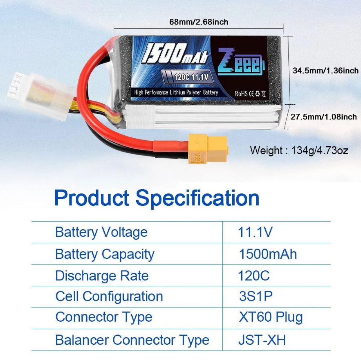 2 шт. Zeee Lipo 11.1В 1500мАч 3S 120C Graphene аккумулятор для FPV дрона, XT60, мягкий корпус 2 шт. Zeee Lipo 11.1В 1500мАч 3S 120C Graphene аккумулятор для FPV дрона, XT60, мягкий корпус
