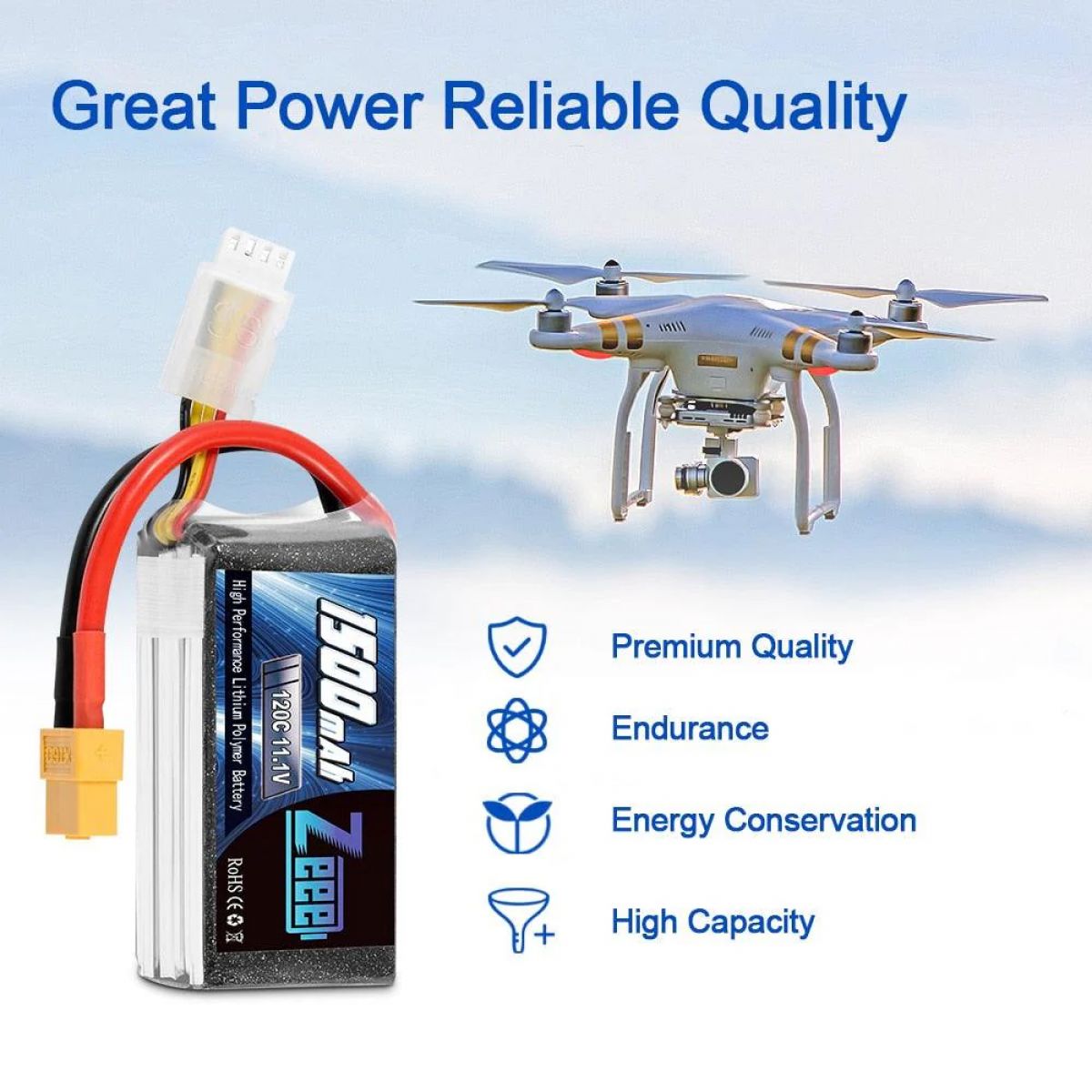 2 шт. Zeee Lipo 11.1В 1500мАч 3S 120C Graphene аккумулятор для FPV дрона, XT60, мягкий корпус 2 шт. Zeee Lipo 11.1В 1500мАч 3S 120C Graphene аккумулятор для FPV дрона, XT60, мягкий корпус
