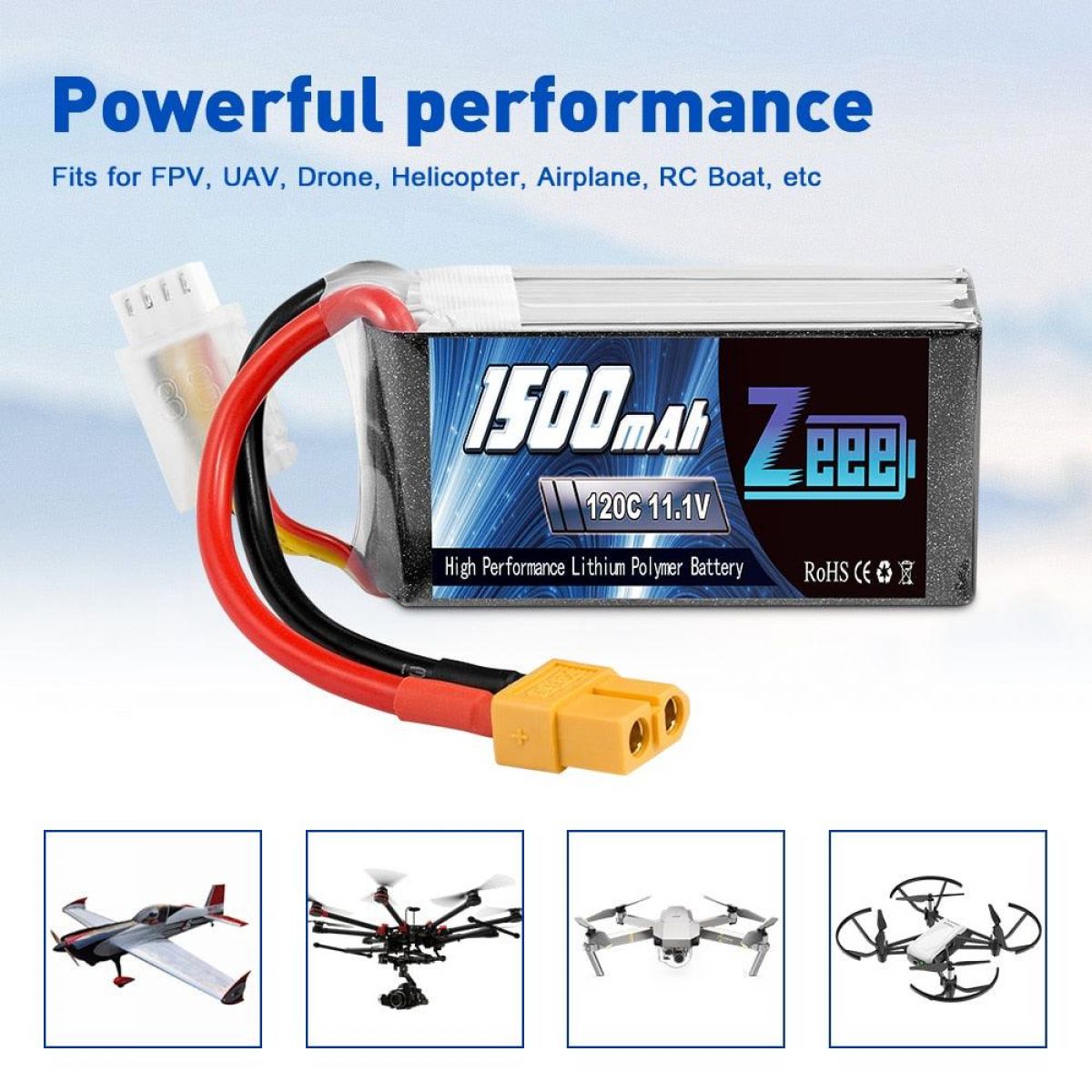 2 шт. Zeee Lipo 11.1В 1500мАч 3S 120C Graphene аккумулятор для FPV дрона, XT60, мягкий корпус 2 шт. Zeee Lipo 11.1В 1500мАч 3S 120C Graphene аккумулятор для FPV дрона, XT60, мягкий корпус