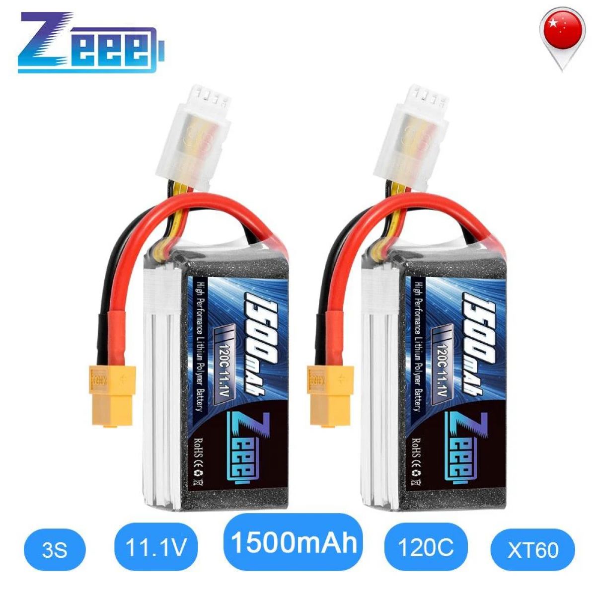 2 шт. Zeee Lipo 11.1В 1500мАч 3S 120C Graphene аккумулятор для FPV дрона, XT60, мягкий корпус 2 шт. Zeee Lipo 11.1В 1500мАч 3S 120C Graphene аккумулятор для FPV дрона, XT60, мягкий корпус
