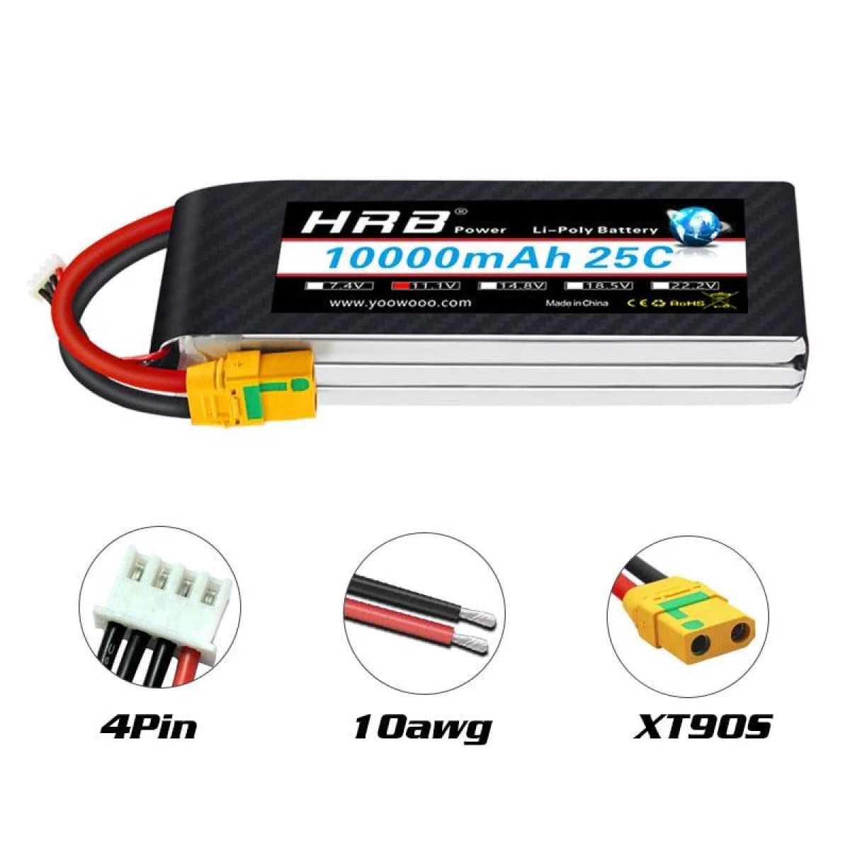 Batería Lipo KINGDUO 11.1V 10000mAh 65C 3S Con Enchufe XT60 Para Drones Y RC